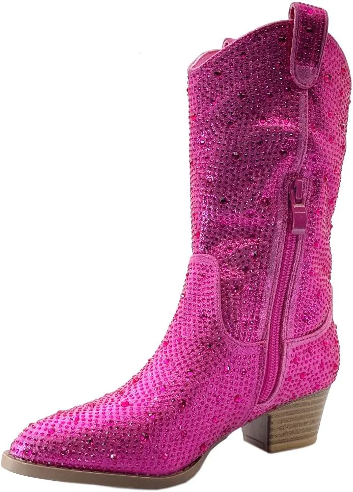 ABSOLEX Girls' Western Cowgirl Cowboy Pointed Toe Rhinestone Low Heel Boots