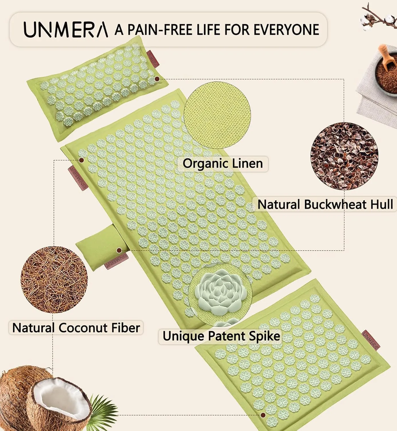 Acupressure Mat and Pillow Set,Natural Premium Linen & Coconut Fiber Filling,FSA/HSA Eligible,for Back/Neck Pain Relief, Sciatic, Headache and Muscle Relaxation, Comes with Carrying Bag
