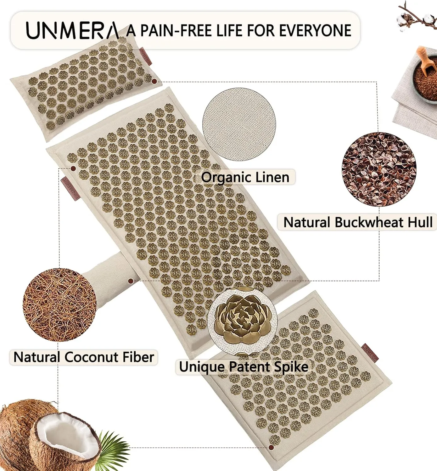 Acupressure Mat and Pillow Set,Natural Premium Linen & Coconut Fiber Filling,FSA/HSA Eligible,for Back/Neck Pain Relief, Sciatic, Headache and Muscle Relaxation, Comes with Carrying Bag