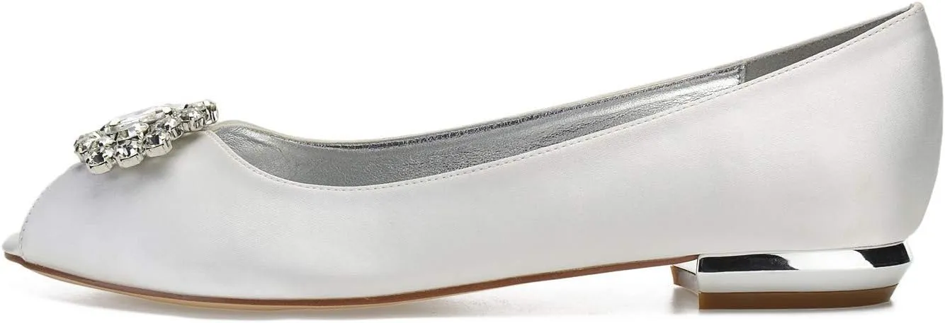 ADMLZQQ Women's Rhinestone Flat Wedding Shoes for Bride Peep Toe Satin Pointed Toe Comfortable Bridal Dress Shoes