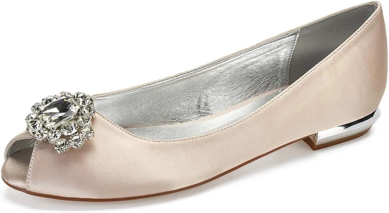 ADMLZQQ Women's Rhinestone Flat Wedding Shoes for Bride Peep Toe Satin Pointed Toe Comfortable Bridal Dress Shoes