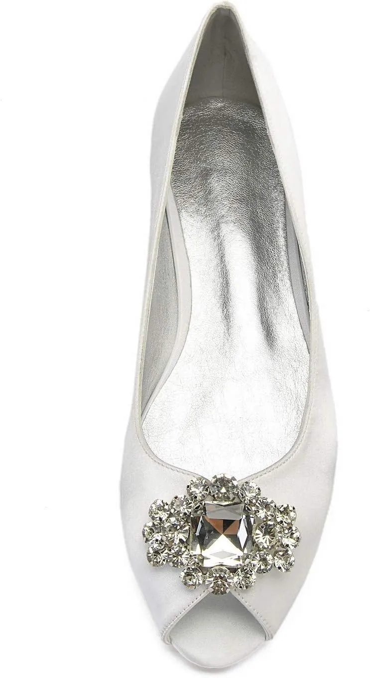 ADMLZQQ Women's Rhinestone Flat Wedding Shoes for Bride Peep Toe Satin Pointed Toe Comfortable Bridal Dress Shoes