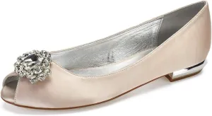 ADMLZQQ Women's Rhinestone Flat Wedding Shoes for Bride Peep Toe Satin Pointed Toe Comfortable Bridal Dress Shoes