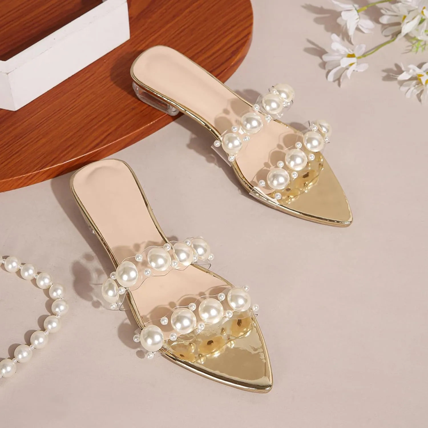 AMAZIDEAL Women's Pearl Open Toe Slip-On Flat Sandals,Fashion Pointed Toe Double Strap Clear Low Heel Slides,Summer Outdoor Casual Beach Slides Sandals