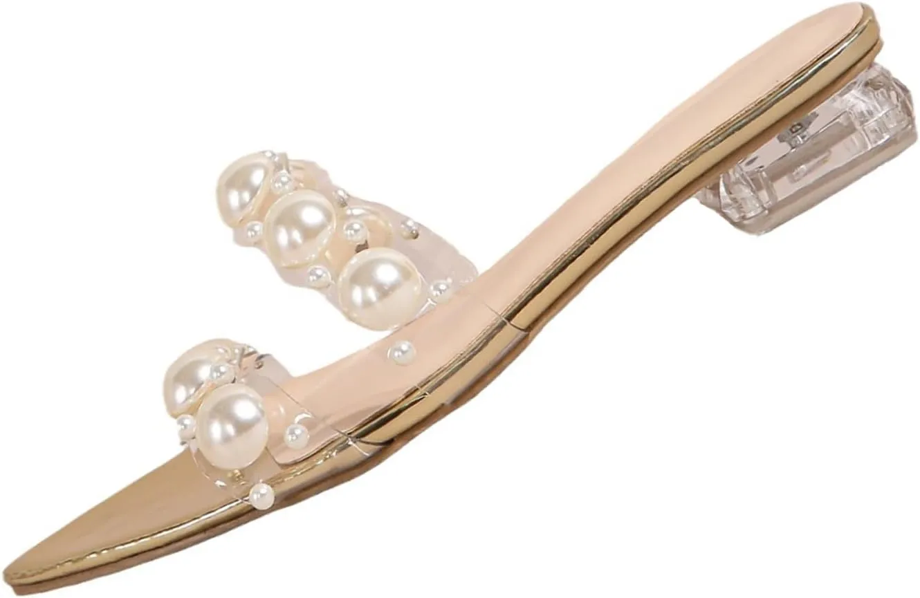 AMAZIDEAL Women's Pearl Open Toe Slip-On Flat Sandals,Fashion Pointed Toe Double Strap Clear Low Heel Slides,Summer Outdoor Casual Beach Slides Sandals