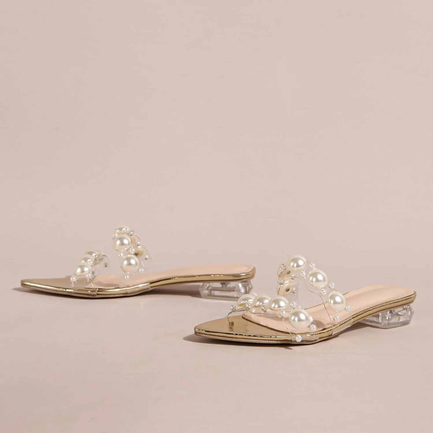 AMAZIDEAL Women's Pearl Open Toe Slip-On Flat Sandals,Fashion Pointed Toe Double Strap Clear Low Heel Slides,Summer Outdoor Casual Beach Slides Sandals
