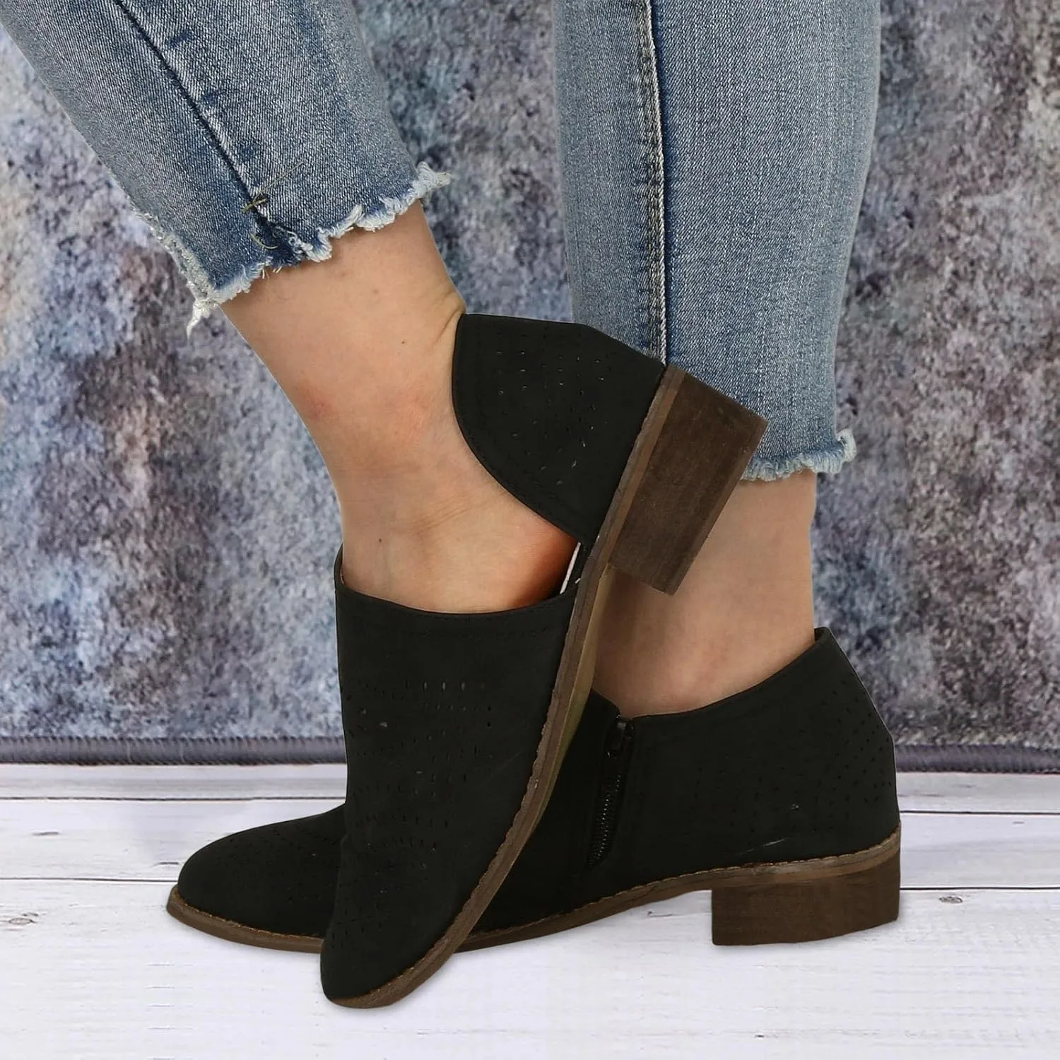 AMDBEL Fall Boots for Women 2024 Low Heel Pointed Toe Chunky Block Hollow Out Winter Fall Side Zipper Short Booties