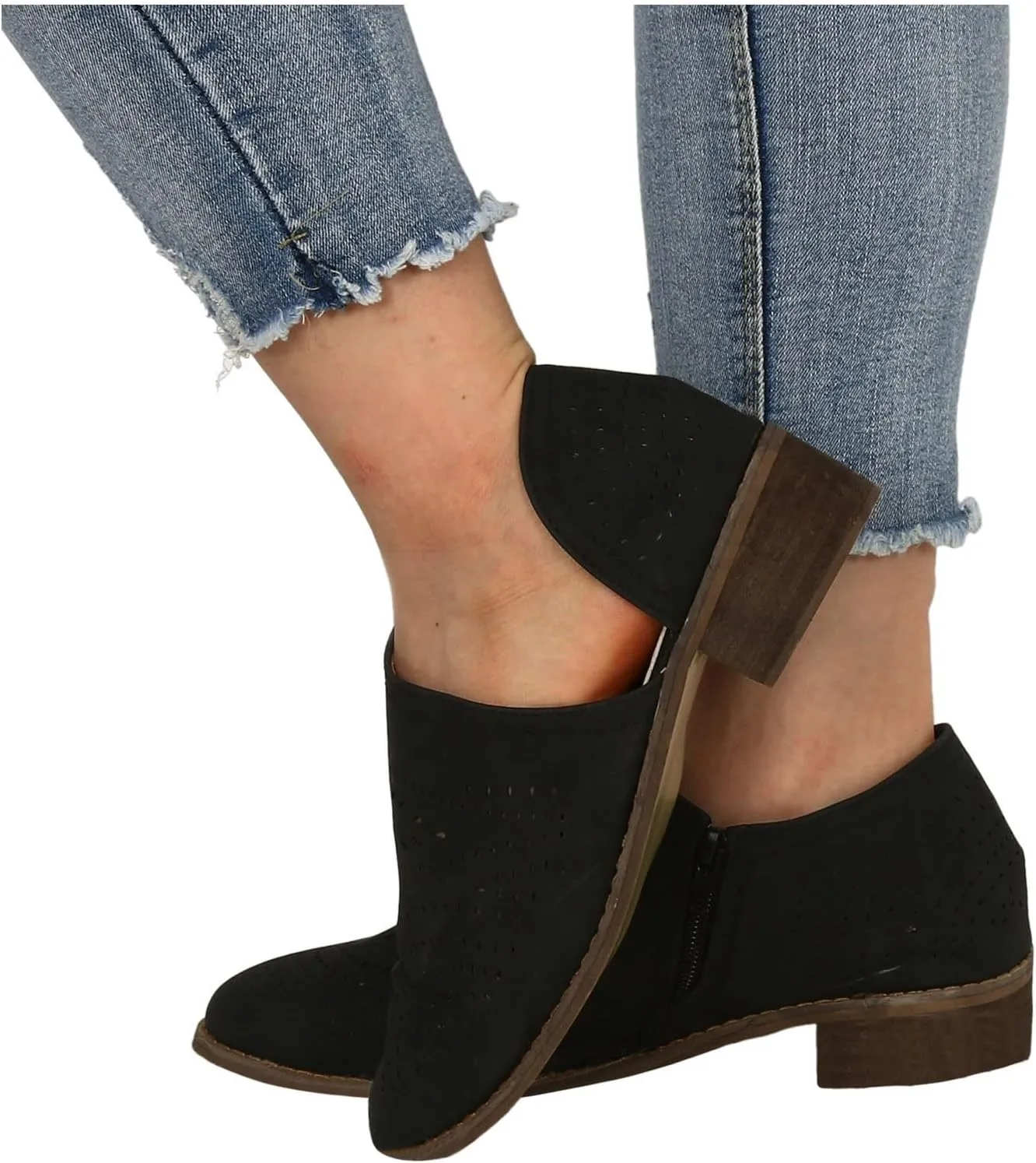 AMDBEL Fall Boots for Women 2024 Low Heel Pointed Toe Chunky Block Hollow Out Winter Fall Side Zipper Short Booties