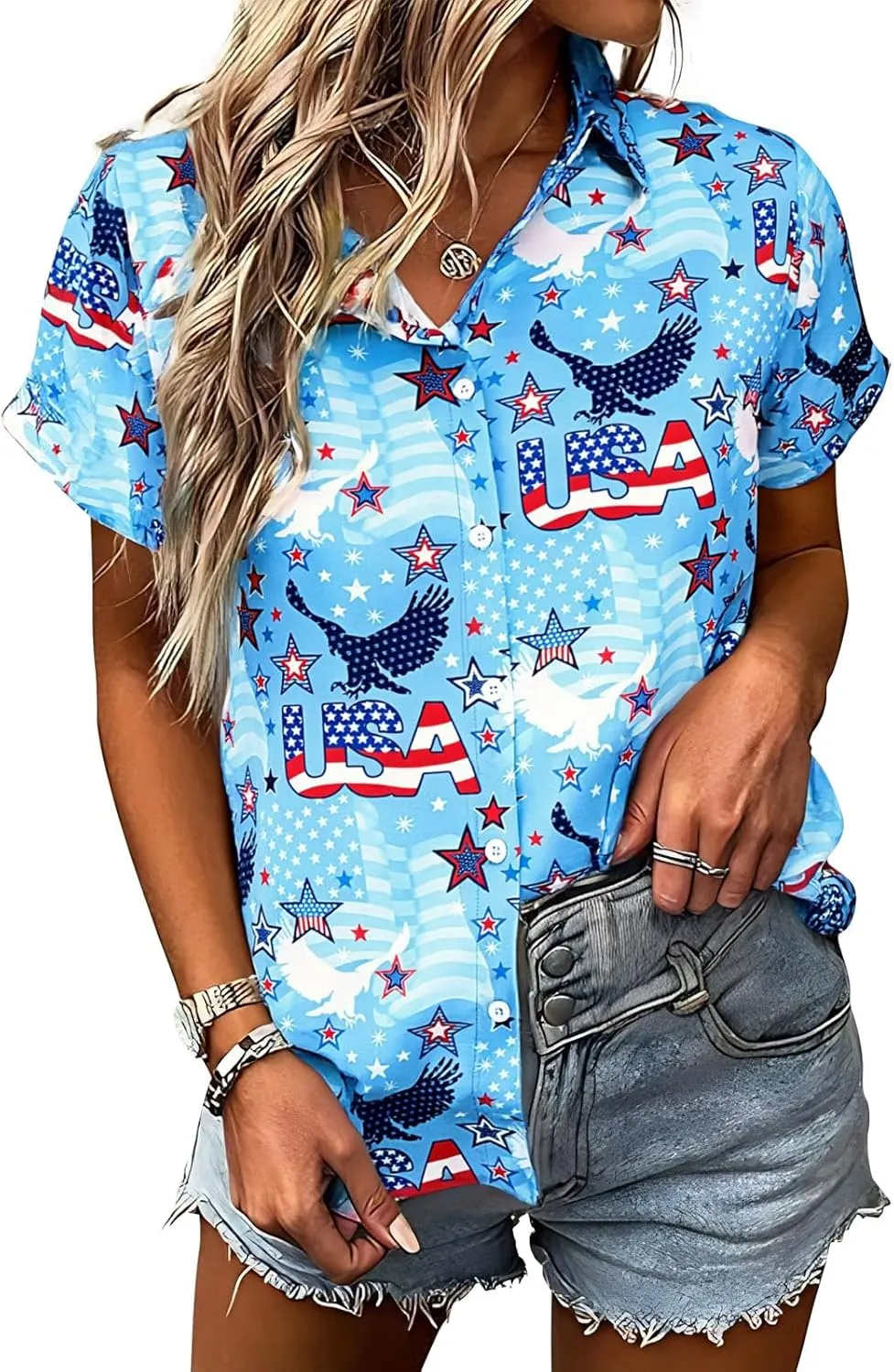 American Flag Shirt Women Patriotic Shirts 4th of July Tops USA Stars Stripes Blouses Memorial Day Button Down Shirts