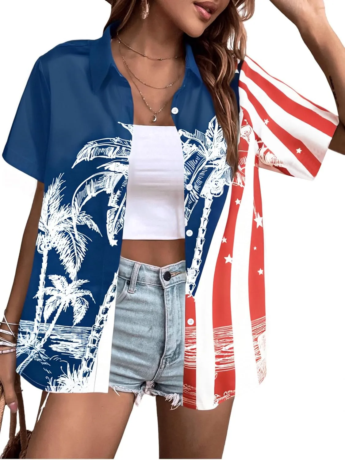 American Flag Shirt Women Patriotic Shirts 4th of July Tops USA Stars Stripes Blouses Memorial Day Button Down Shirts