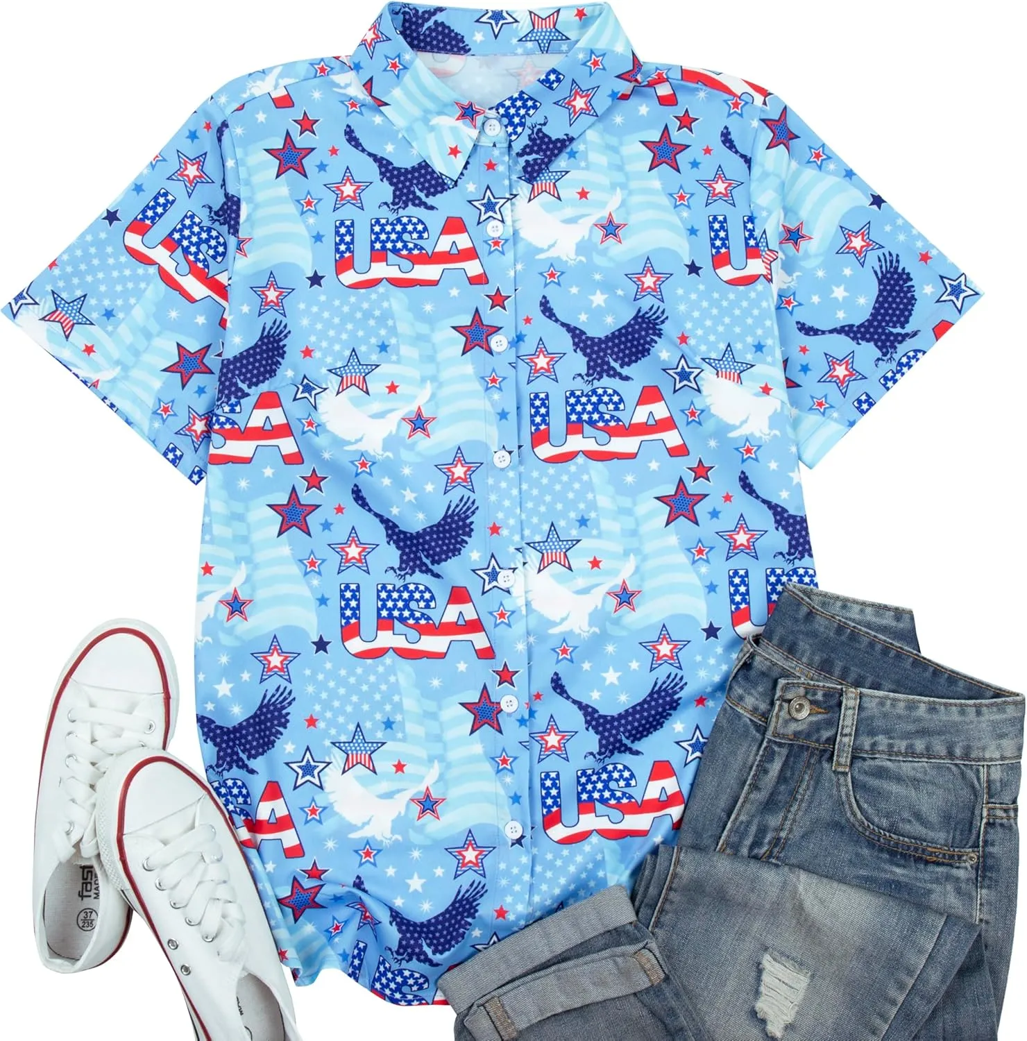 American Flag Shirt Women Patriotic Shirts 4th of July Tops USA Stars Stripes Blouses Memorial Day Button Down Shirts