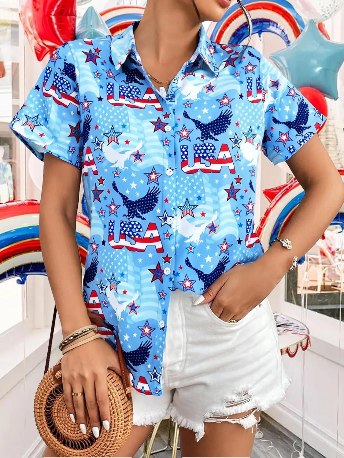 American Flag Shirt Women Patriotic Shirts 4th of July Tops USA Stars Stripes Blouses Memorial Day Button Down Shirts