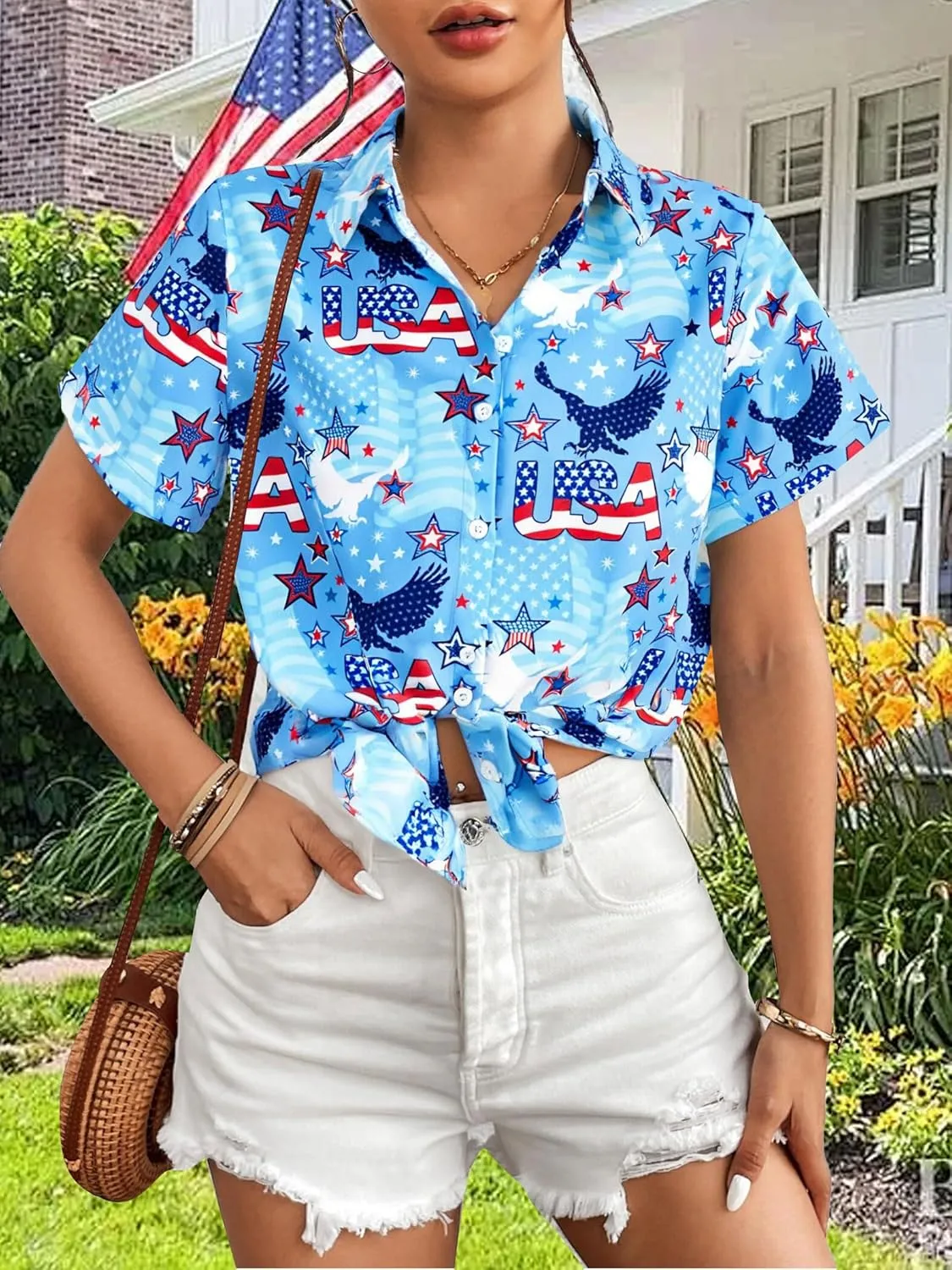 American Flag Shirt Women Patriotic Shirts 4th of July Tops USA Stars Stripes Blouses Memorial Day Button Down Shirts