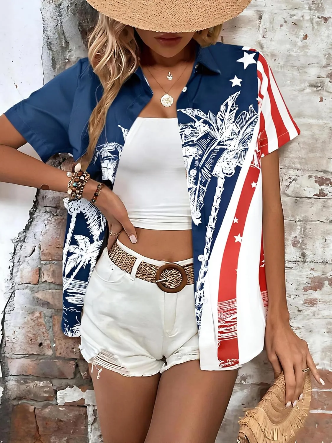 American Flag Shirt Women Patriotic Shirts 4th of July Tops USA Stars Stripes Blouses Memorial Day Button Down Shirts