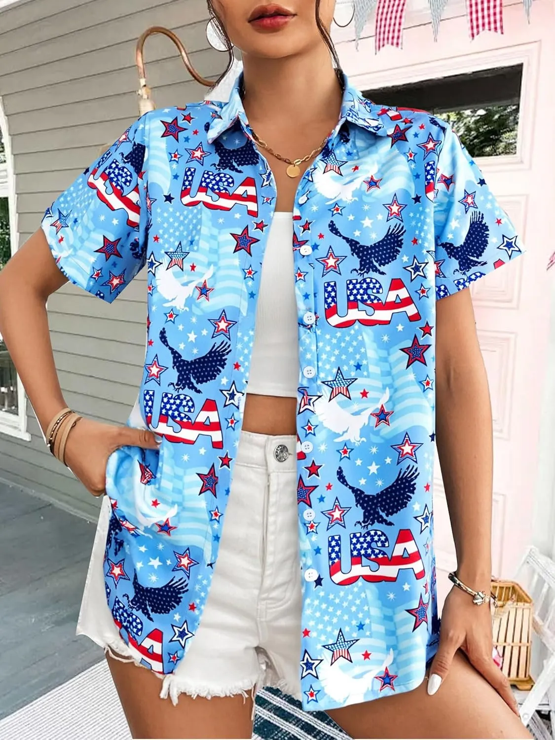 American Flag Shirt Women Patriotic Shirts 4th of July Tops USA Stars Stripes Blouses Memorial Day Button Down Shirts