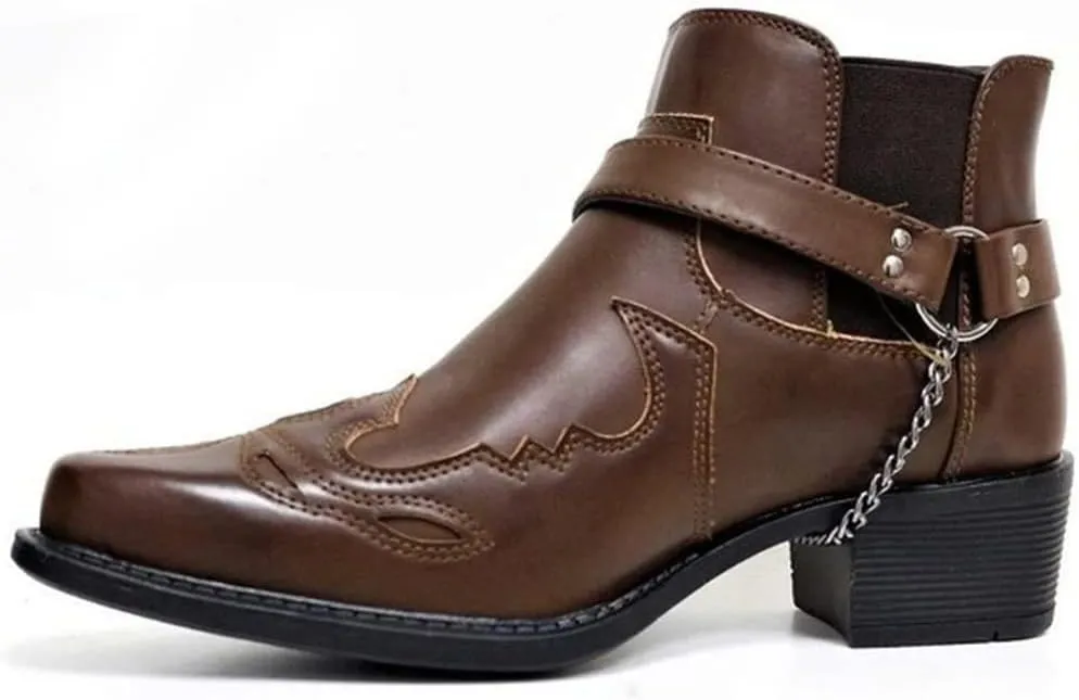 AngryMonkey Men's Pointed Toe Cowboy Boots Slip-On Chunky Heel Western Bootie Arch Support Personality Buckle Belt Chain Strap