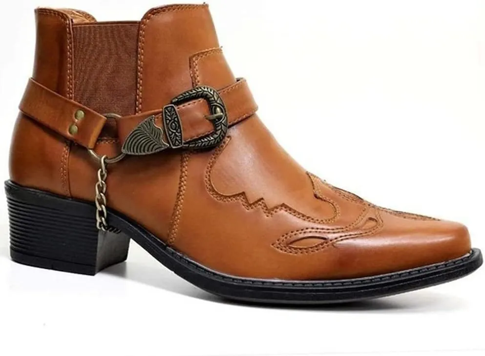 AngryMonkey Men's Pointed Toe Cowboy Boots Slip-On Chunky Heel Western Bootie Arch Support Personality Buckle Belt Chain Strap