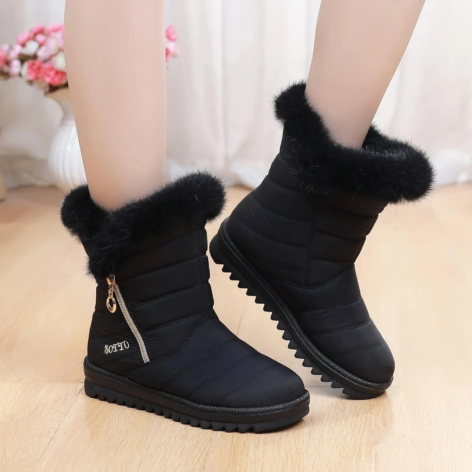 Ankle Boots for Women Comfy Platform Women's Real Hair Padded Waterproof Snowproof Snow Boots Cotton Shoes