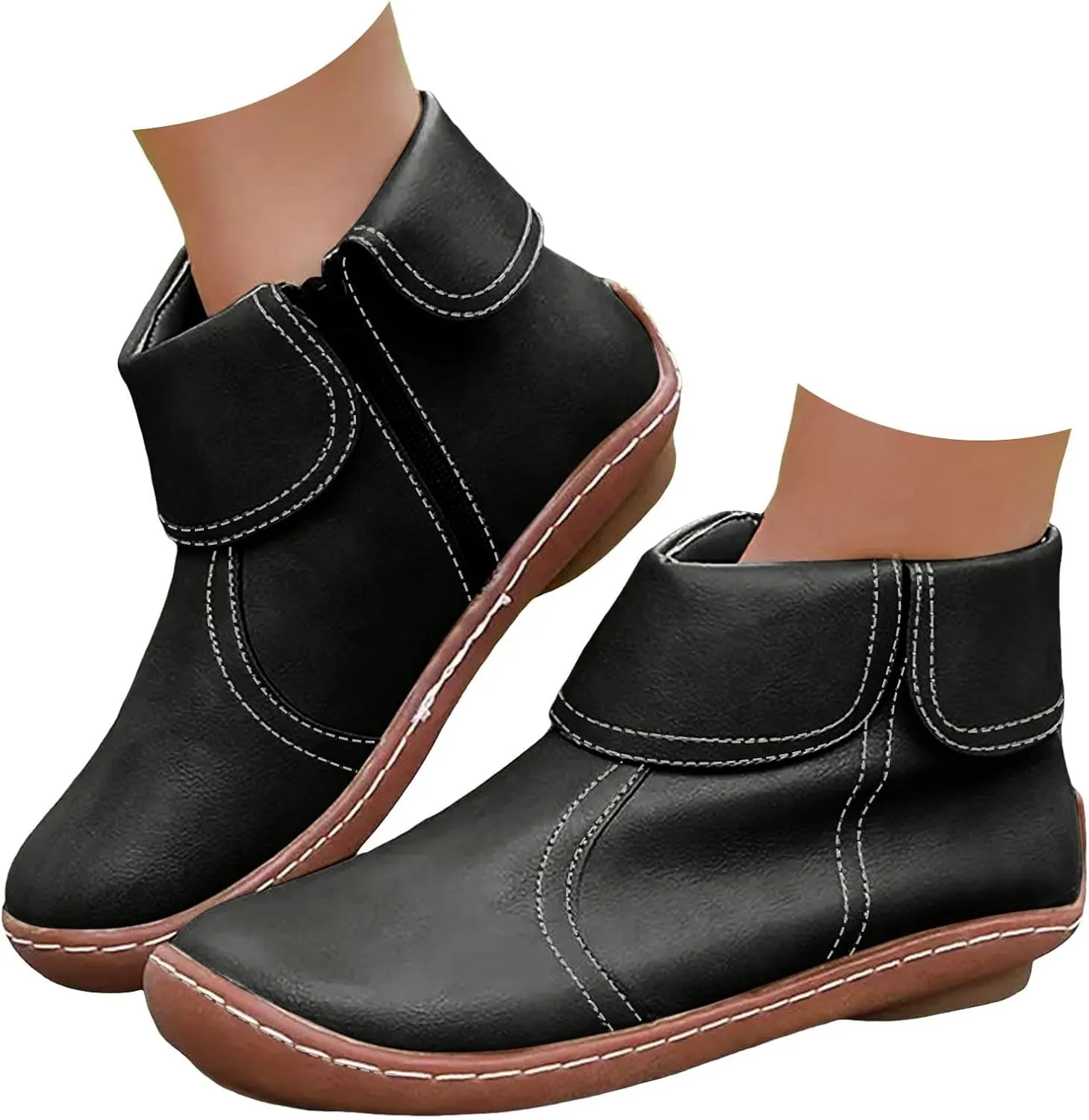Ankle Boots for Women Low Heel Women's Round Toe Casual Fashion Flat Boots Women's Leather Boots Side Zipper Boots
