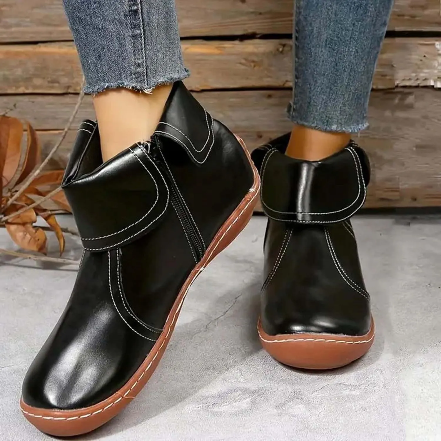Ankle Boots for Women Low Heel Women's Round Toe Casual Fashion Flat Boots Women's Leather Boots Side Zipper Boots