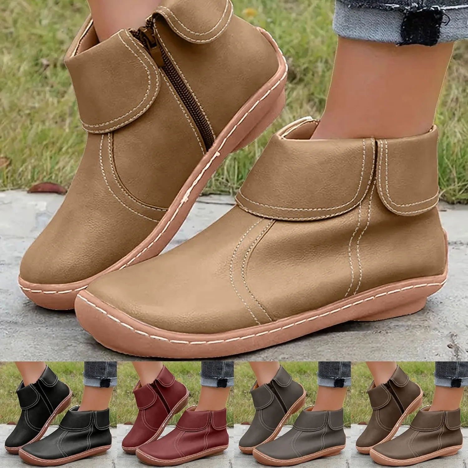 Ankle Boots for Women Low Heel Women's Round Toe Casual Fashion Flat Boots Women's Leather Boots Side Zipper Boots