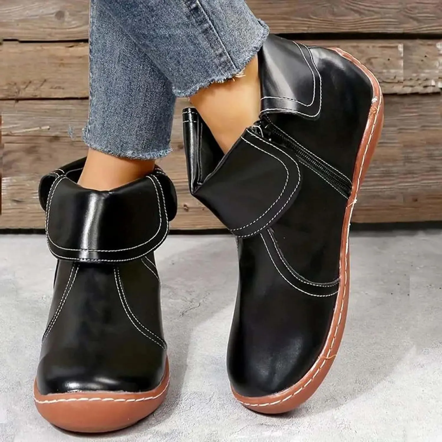 Ankle Boots for Women Low Heel Women's Round Toe Casual Fashion Flat Boots Women's Leather Boots Side Zipper Boots