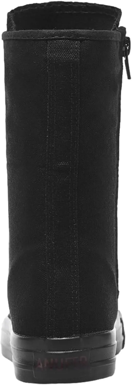 ANUFER Womens Girls Classic Mid-Calf Lace Up Zipper Canvas Boots Casual High Top Canvas Sneakers