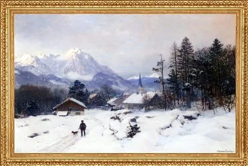 Art Oyster Anders Anderson-Lundby A Hunter in a Winter Landscape - 16" x 24" Premium Canvas Print with Antique Gold Finish Frame