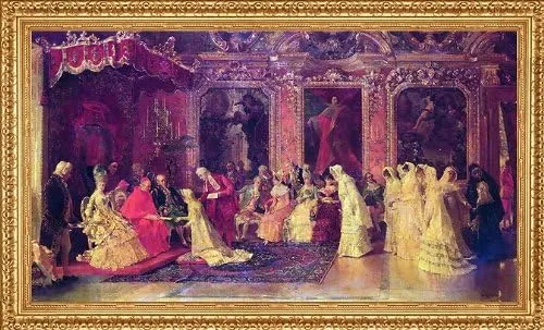 Art Oyster Luis Alvarez Catala Princess Borghese Bestowing Dowries - 14" x 28" Premium Canvas Print with Antique Gold Finish Frame