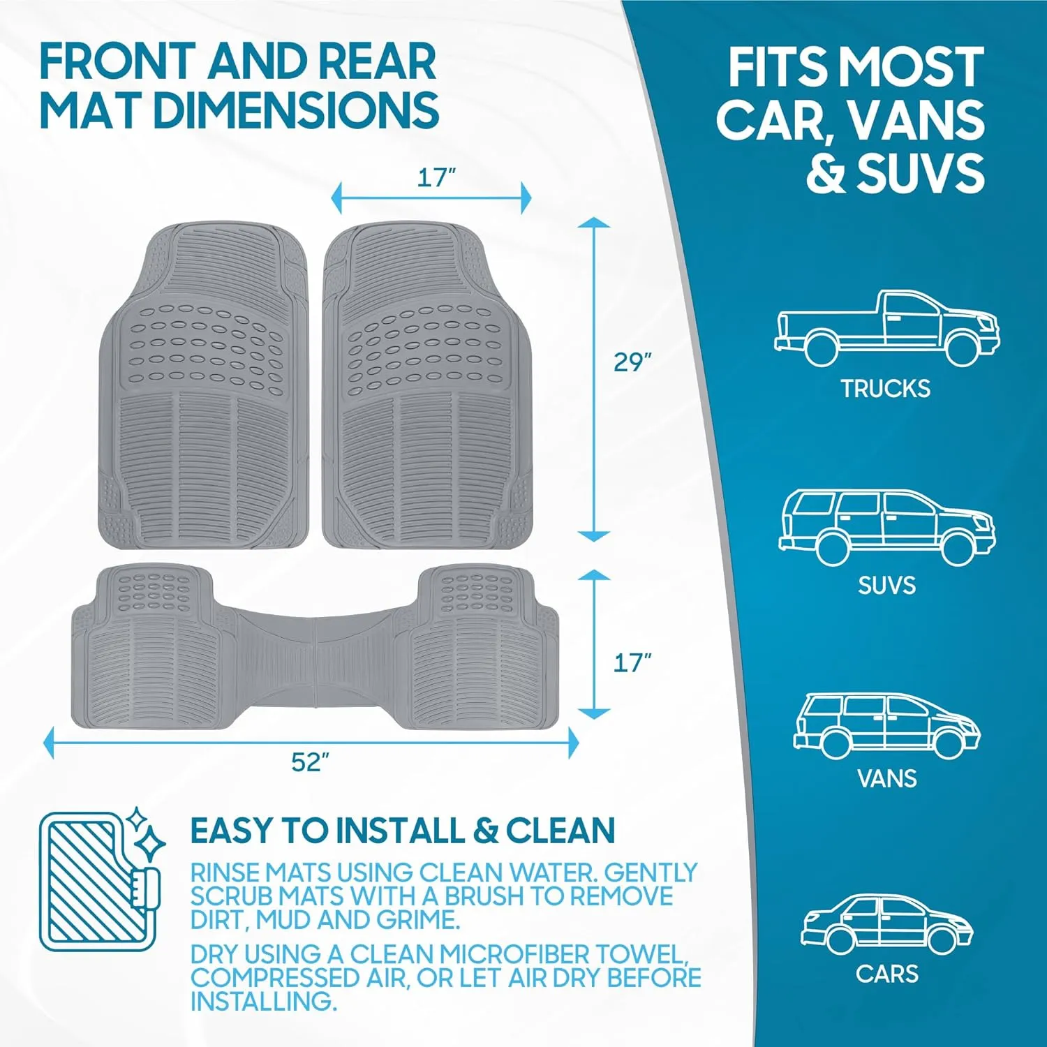 BDK Original ProLiner 3 Piece Heavy Duty Front & Rear Rubber Floor Mats for Car SUV Van & Truck, Gray - All Weather Floor Protection with Universal Fit Design