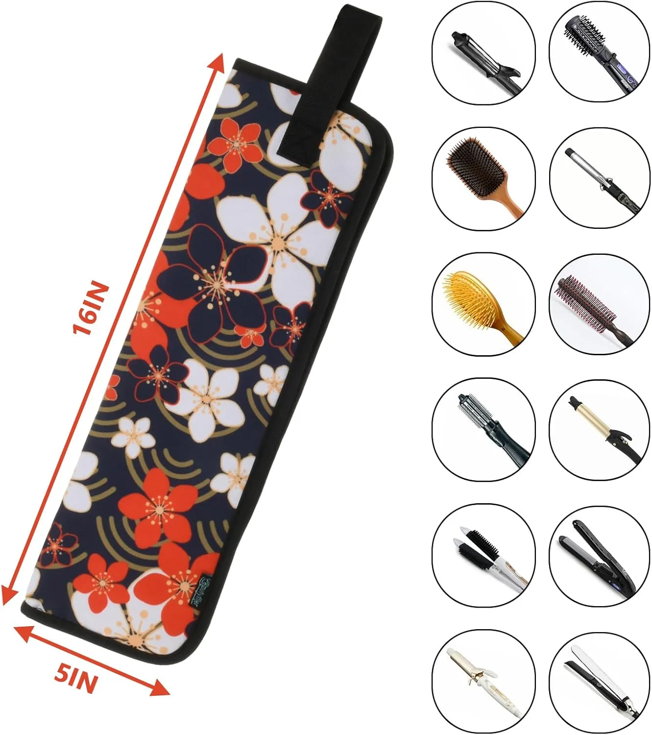 Beautyflier Universal Curling Iron Travel Case, Canvas Heat-Resistant Curling & Flat Iron Holder Travel Case, Hot Curling Iron Holder for Hair Tools Travel Bag or Daily Use (Red Blossom)