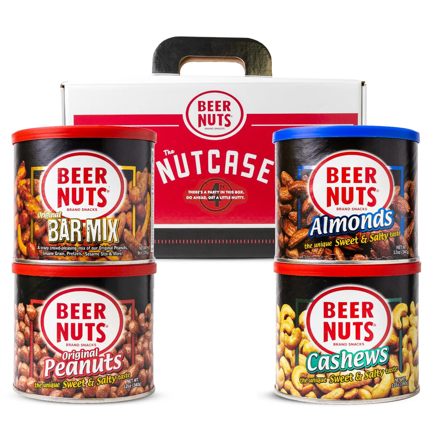 Beer Nuts Brand Snacks, Original Nutcase, Perfect for Gifting, Original Peanuts, Original Bar Mix, Cashews, Almonds, Sweet & Spicy Bar Mix, Resealable Cans, Snackin' Since 1953 (Pack of 4)