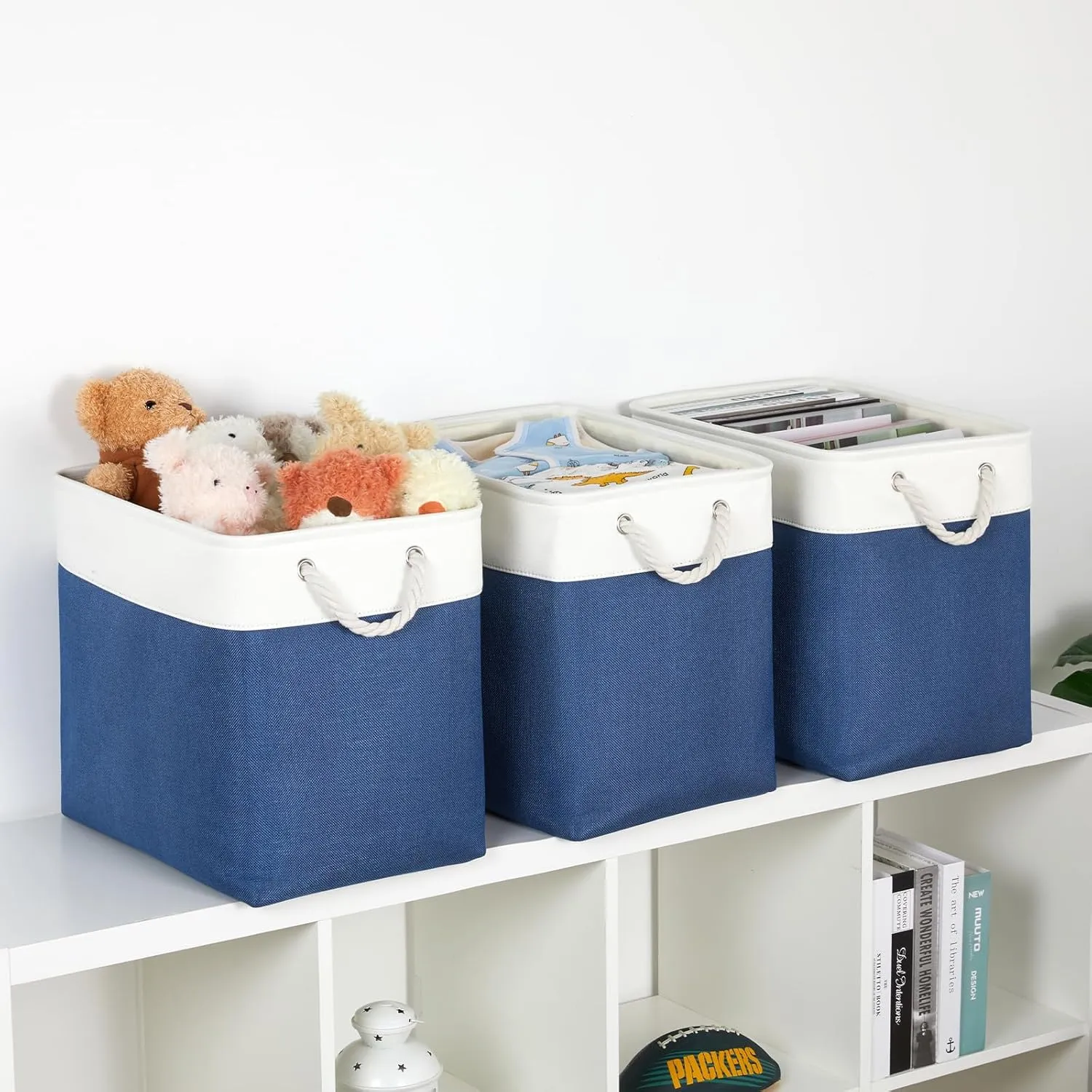 Bidtakay Extra Large Storage Baskets for Shelves 3 Pack Fabric Storage Bins for Organizing Linen Collapsible Organizer for Closet-White&Blue