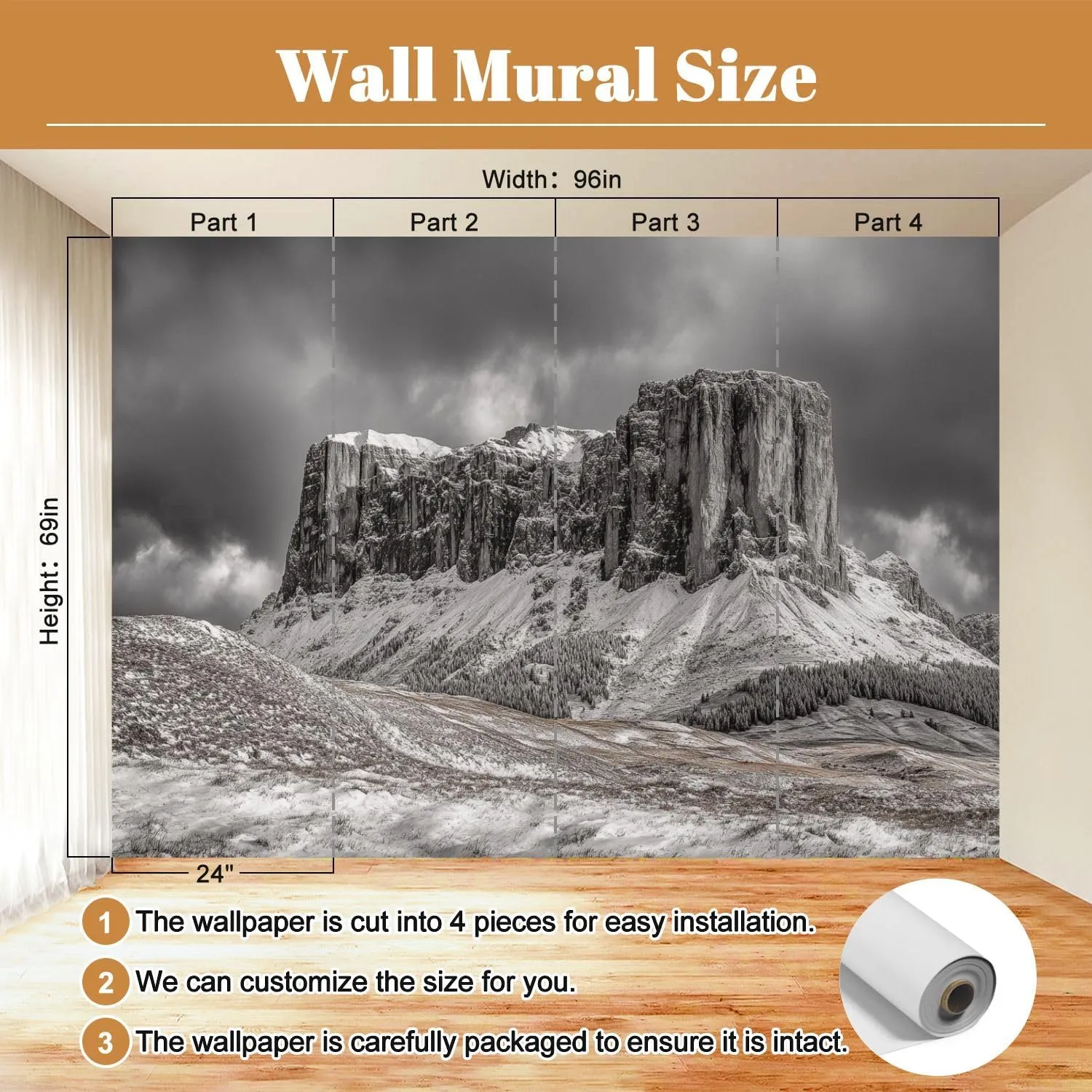 Black Snow Nature Landscape Minimalism Scenery Snow Covered Plateau Wall Mural Peel & Stick Wallpaper Removable Self-Adhesive Large Wall Sticker Wall Decor for Bedroom Living Room Nursery 69"x96"