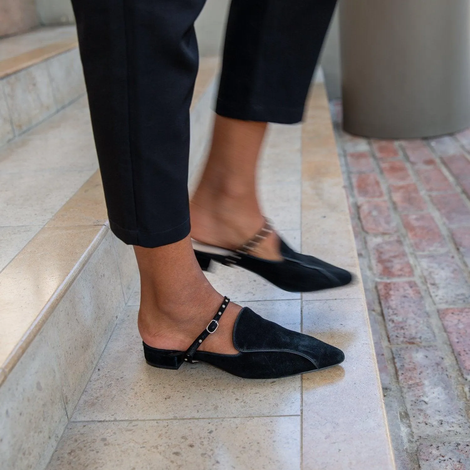Black Suede Pointed Loafer   Studded Twiggy Strap