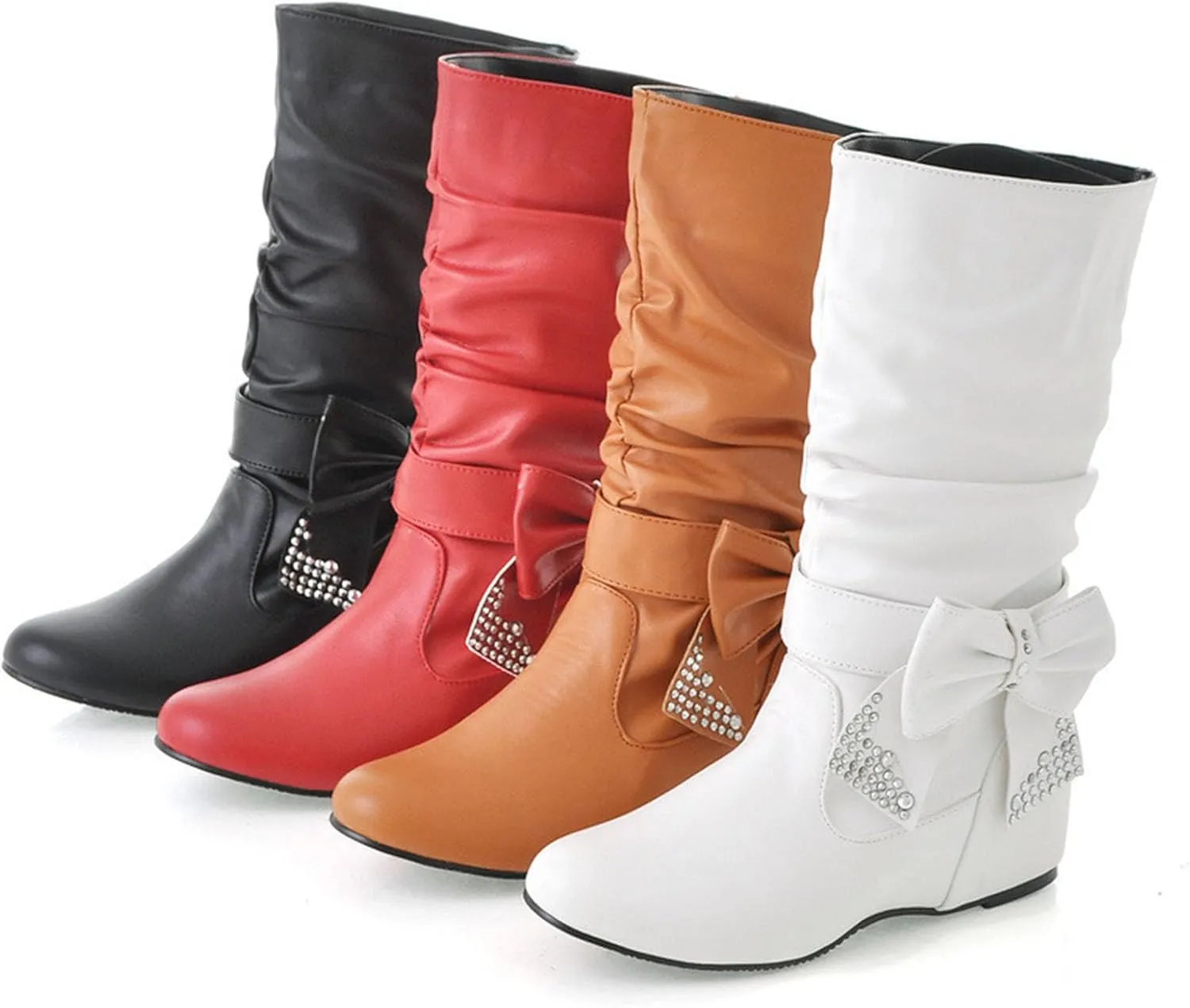 Bow Leather Mid Calf Boots For Women Elegant Low Heels Rhinestone Pointed Toe Slip On Hidden Wedge Knee High Boots Comfort Flat Heel Party Dress Booties