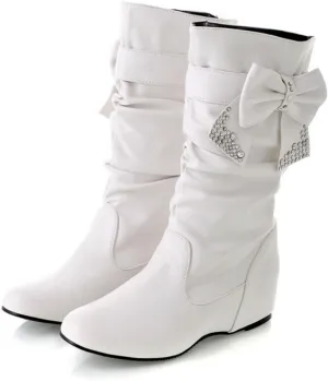Bow Leather Mid Calf Boots For Women Elegant Low Heels Rhinestone Pointed Toe Slip On Hidden Wedge Knee High Boots Comfort Flat Heel Party Dress Booties