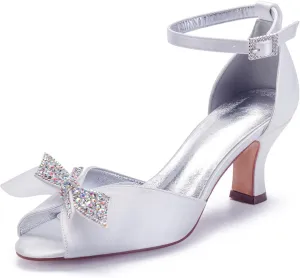 Bridal Pumps Kitten Heel Pointy Toe Womens for Wedding Shoes Sandals Peep Toe Ankle Buckle Heeled Rhinestones with Bow High Heel Evening Party