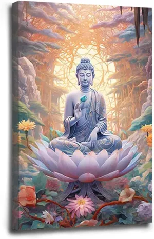 Buddha Lotus Forest Canvas Painting Sacred Meditation Artwork Lush Foliage Colorful Tones Suitable for Spiritual Home Bedroom Living Room Decor Yoga Studio Wall Display Nature Inspiration Background