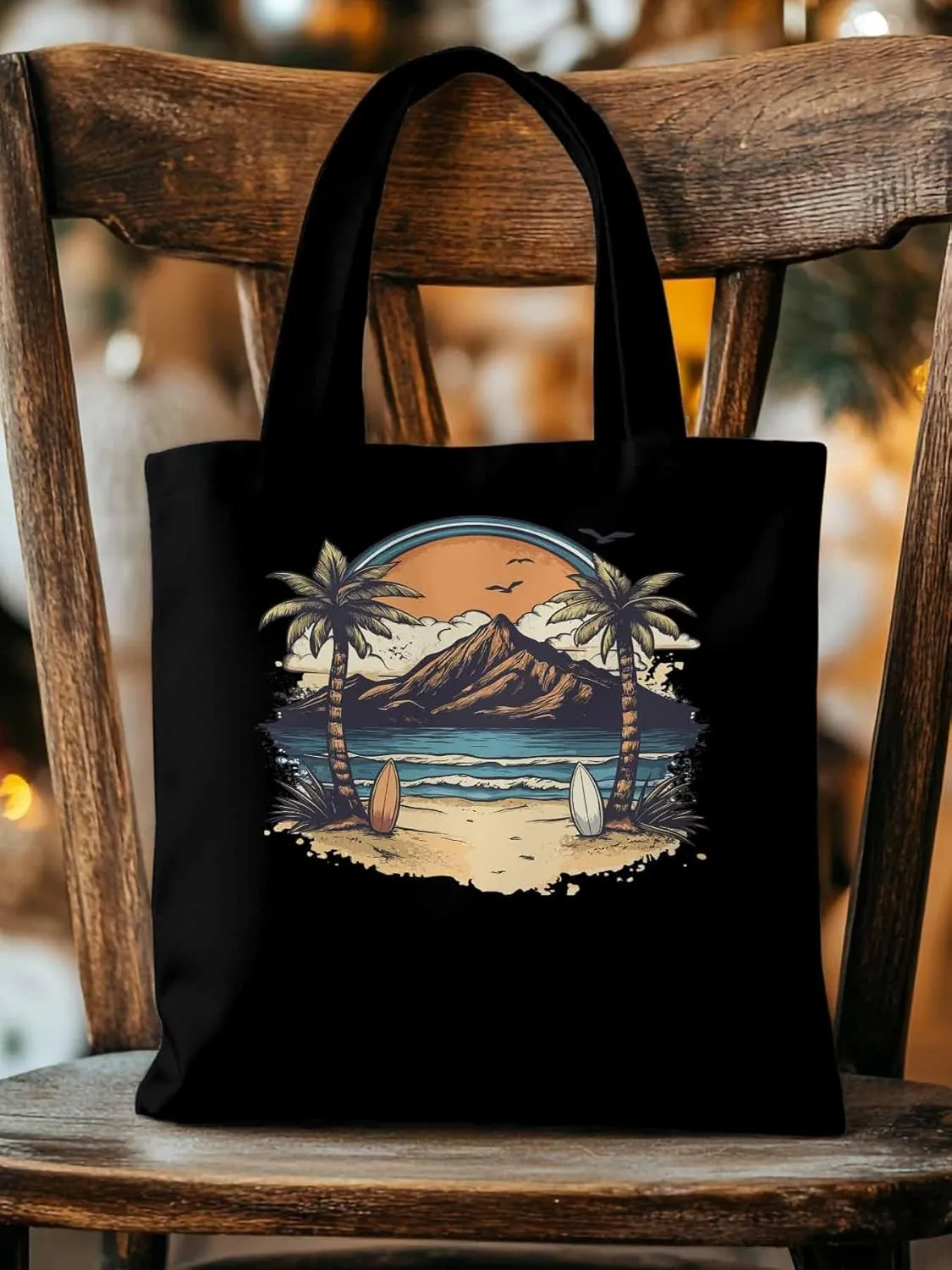 Canvas Tote Bag, Ocean Mountain Surf Coconut Trees patterned Canvas Tote Handbags for Women Shoulder Bag,