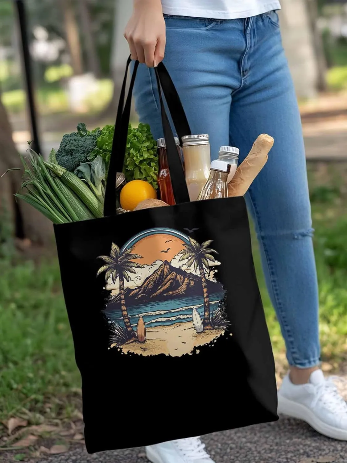 Canvas Tote Bag, Ocean Mountain Surf Coconut Trees patterned Canvas Tote Handbags for Women Shoulder Bag,
