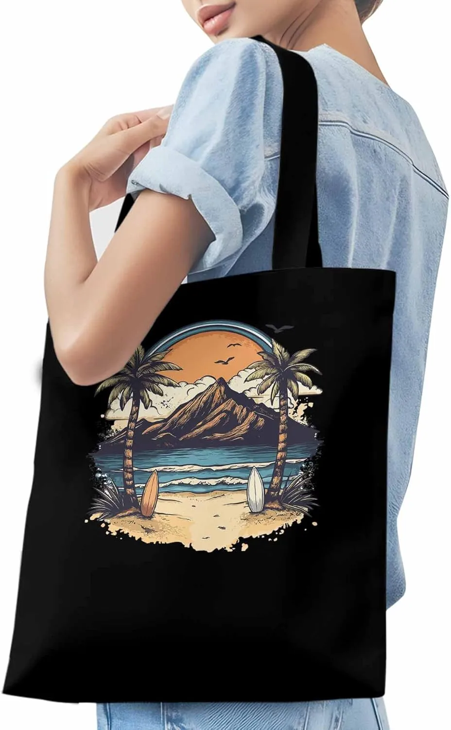 Canvas Tote Bag, Ocean Mountain Surf Coconut Trees patterned Canvas Tote Handbags for Women Shoulder Bag,