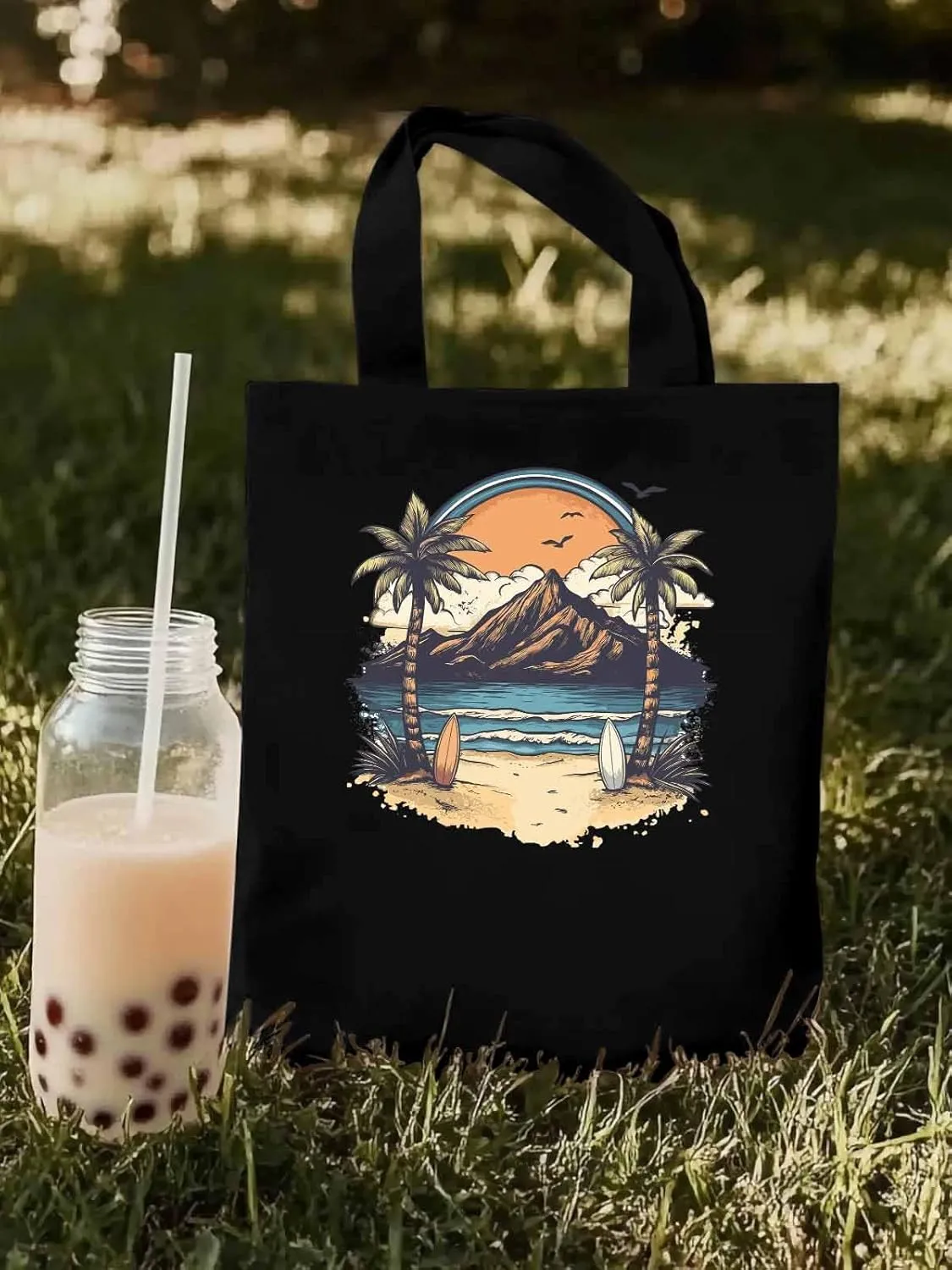 Canvas Tote Bag, Ocean Mountain Surf Coconut Trees patterned Canvas Tote Handbags for Women Shoulder Bag,