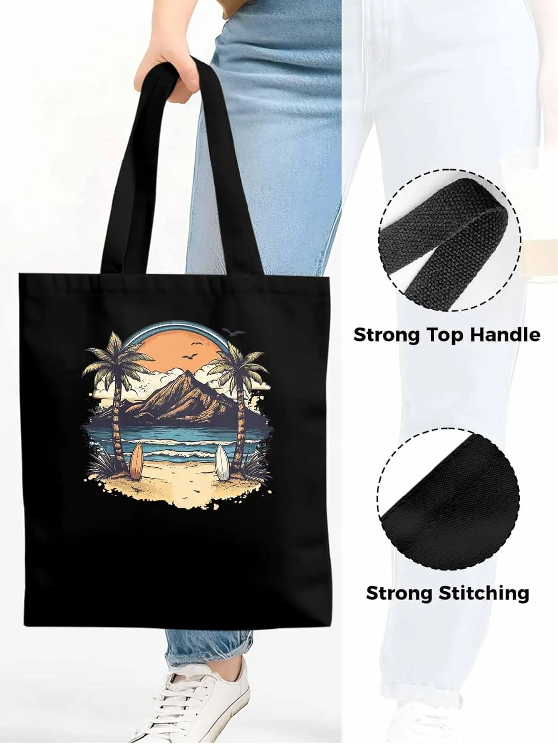 Canvas Tote Bag, Ocean Mountain Surf Coconut Trees patterned Canvas Tote Handbags for Women Shoulder Bag,