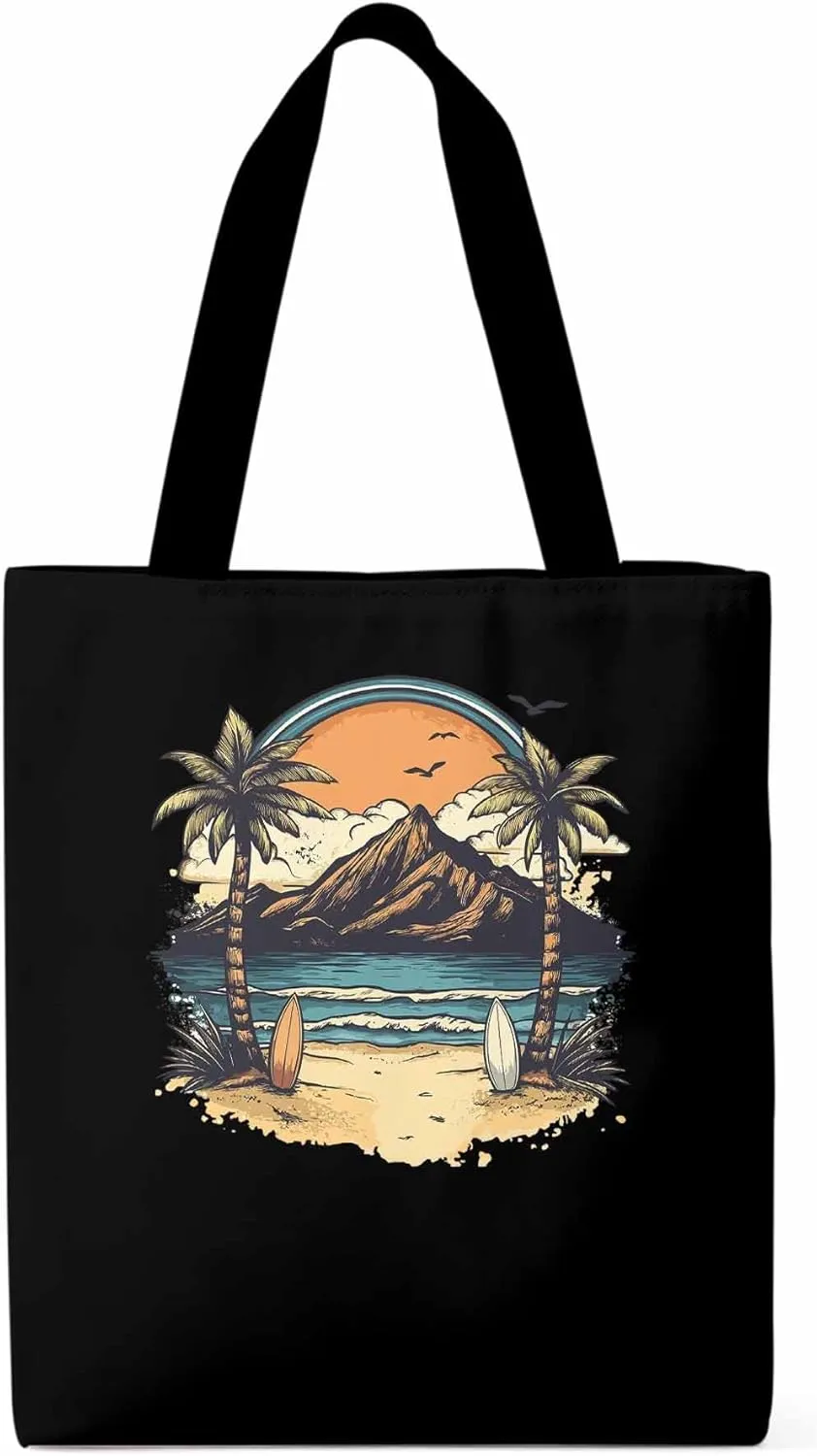 Canvas Tote Bag, Ocean Mountain Surf Coconut Trees patterned Canvas Tote Handbags for Women Shoulder Bag,