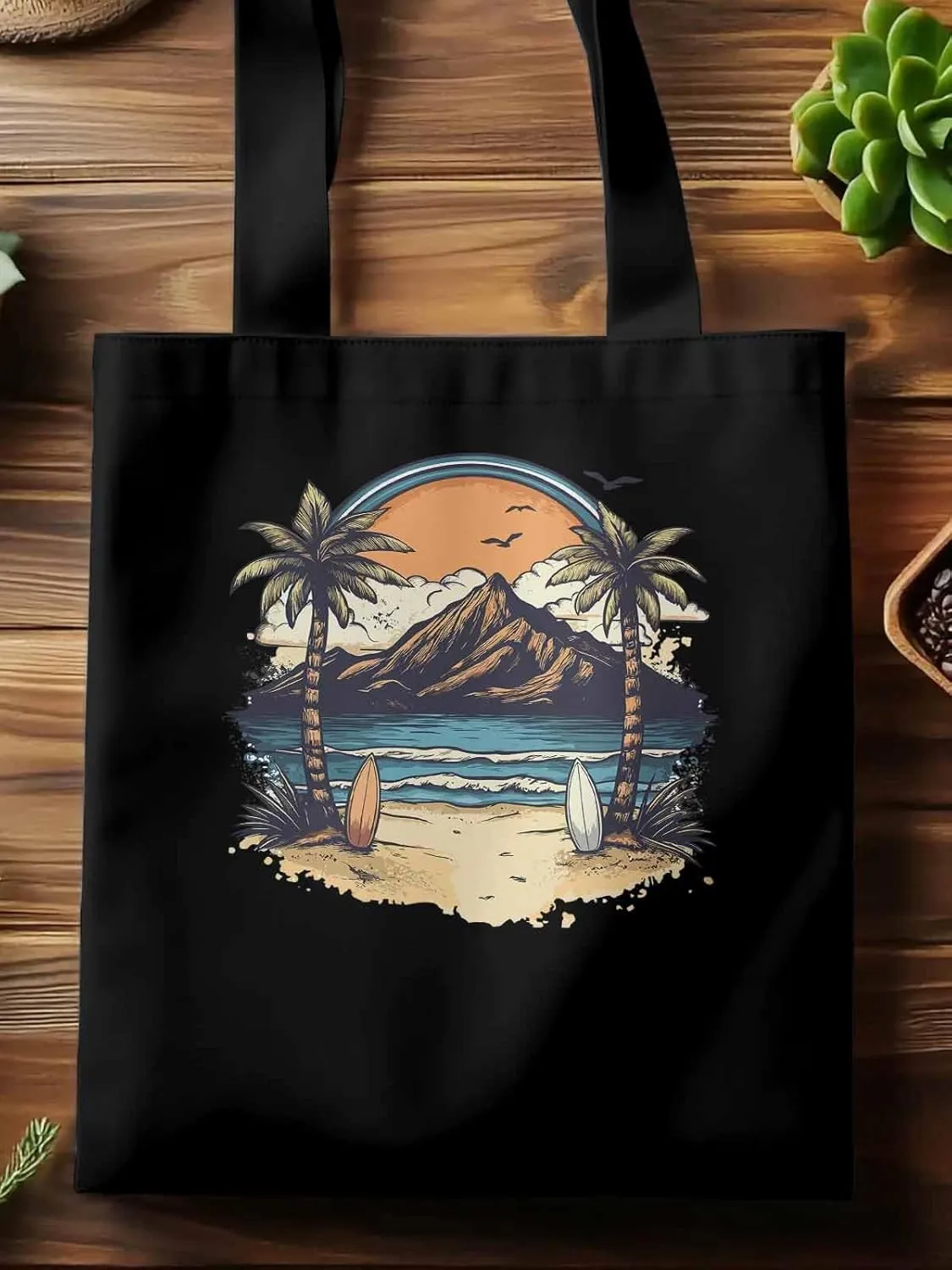 Canvas Tote Bag, Ocean Mountain Surf Coconut Trees patterned Canvas Tote Handbags for Women Shoulder Bag,
