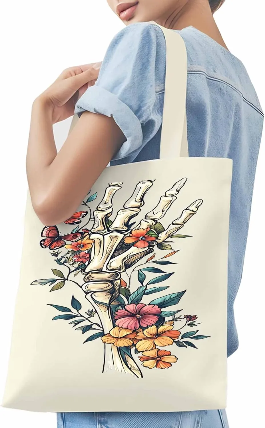 Canvas Tote Bag, Skeleton Flowers Plants patterned Canvas Tote Handbags for Women Shoulder Bag,