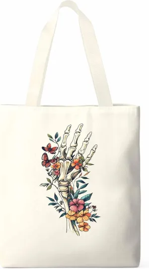Canvas Tote Bag, Skeleton Flowers Plants patterned Canvas Tote Handbags for Women Shoulder Bag,