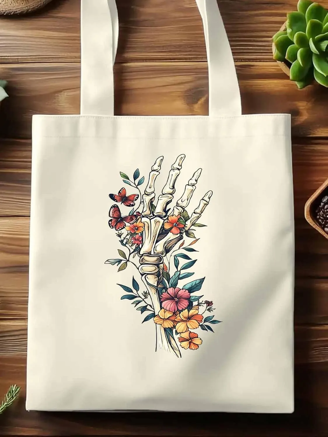 Canvas Tote Bag, Skeleton Flowers Plants patterned Canvas Tote Handbags for Women Shoulder Bag,