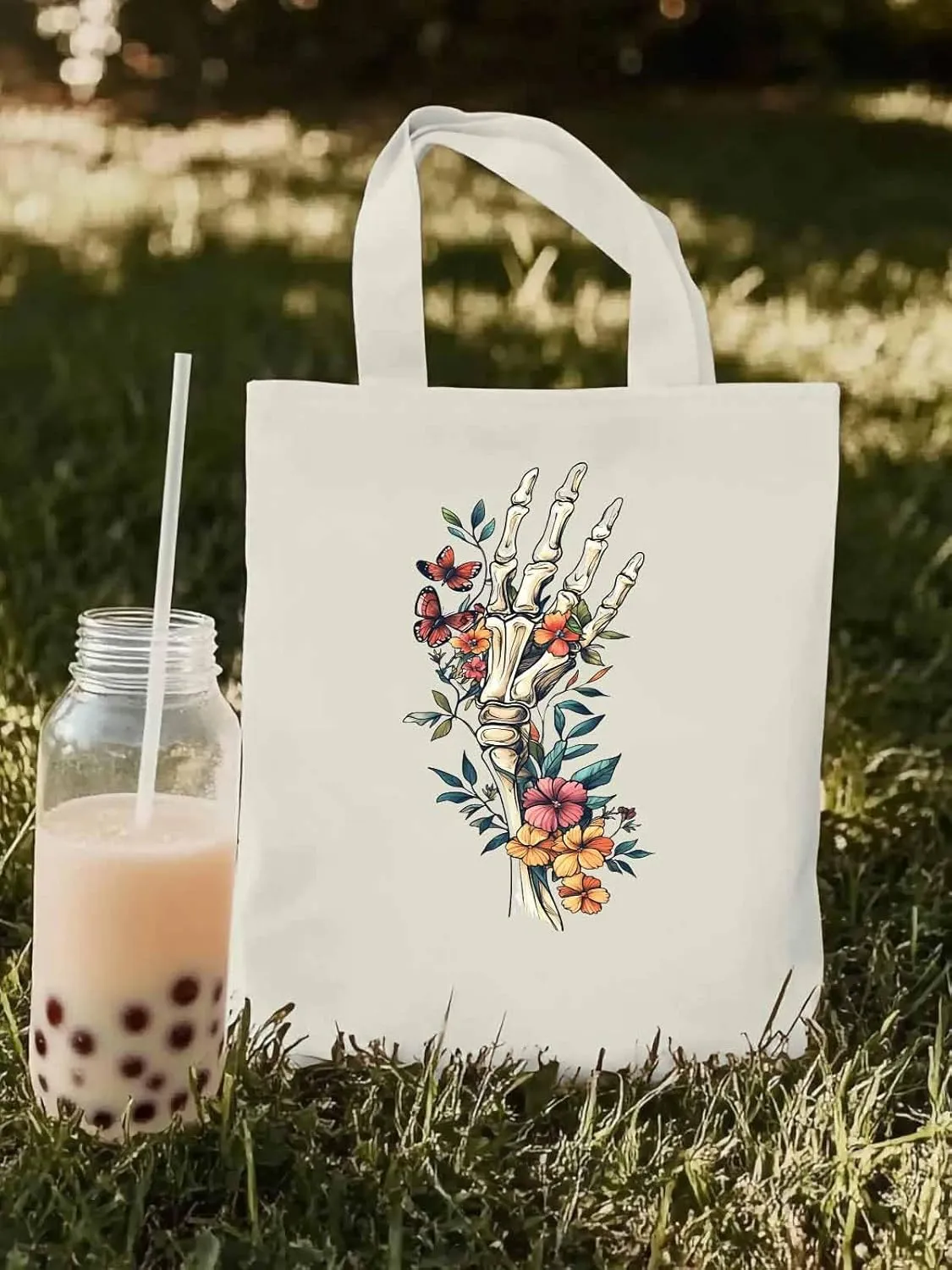 Canvas Tote Bag, Skeleton Flowers Plants patterned Canvas Tote Handbags for Women Shoulder Bag,